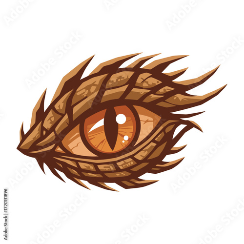 Illustration of a detailed dragon eye, featuring scales and a vibrant orange iris, with a sharp, focused gaze.