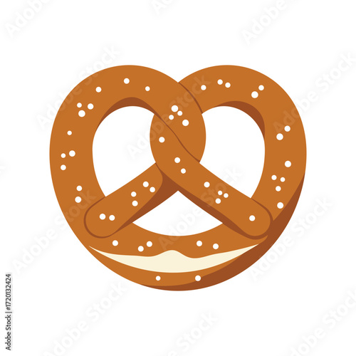 A close-up illustration of a classic pretzel with coarse salt sprinkled on top, set against a white background.