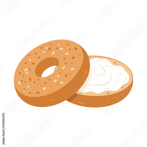 A sesame bagel, cut in half, with cream cheese spread on the bottom half, ready to eat.