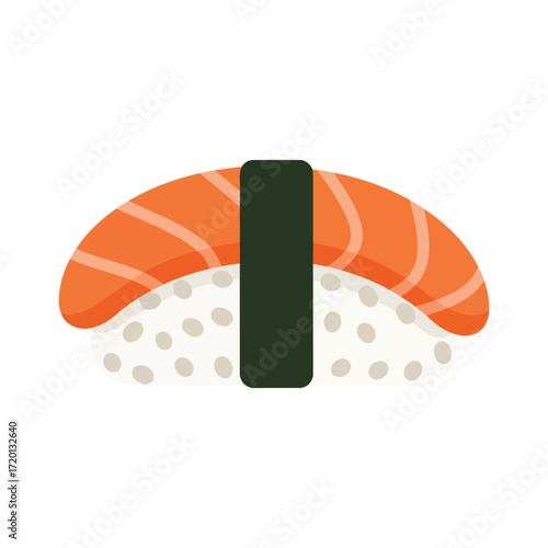 A close-up, stylized illustration of a single piece of salmon nigiri sushi, featuring a slice of orange salmon atop a bed of white rice, bound by a strip of dark green nori seaweed.