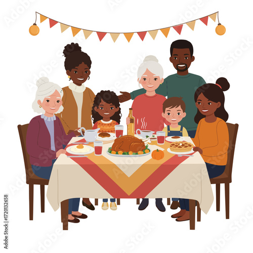 A diverse family gathers around a festive Thanksgiving dinner table, sharing a joyful meal and creating cherished memories
