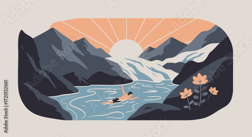 Flat design illustration of a swimmer in a serene mountain lake, with majestic peaks, a waterfall, and a radiant sun, symbolizing peaceful natural escape and outdoor recreation