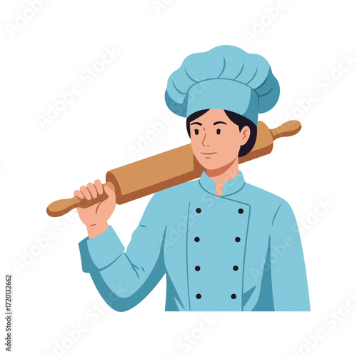 Cartoon baker with rolling pin over shoulder, wearing chef's hat and uniform.