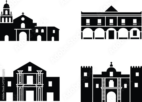 Historic colonial buildings silhouettes, Spanish architecture icons, heritage landmarks vector, black and white cultural symbols, old mission churches and forts illustration