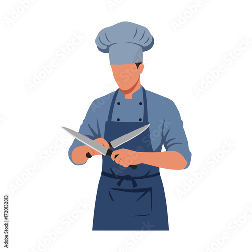 Chef sharpening knives, culinary professional, kitchen tools.