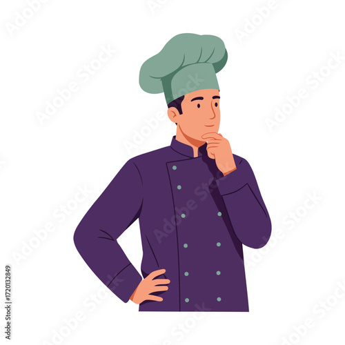 A thoughtful male chef in a purple uniform and toque blanche stands with his hand on his hip and chin.
