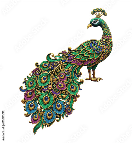 Elegant Peacock Illustration With Jewel Accents Isolated On White Background Detailed Feathers Design