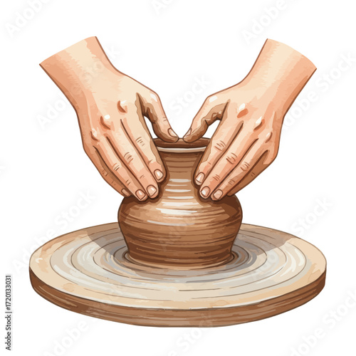 Close-up illustration of hands working on a pottery wheel, shaping wet clay into a vessel with skill and precision