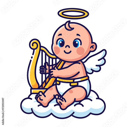 A cute cartoon baby angel with a halo and wings plays a golden harp while sitting on a fluffy white cloud.