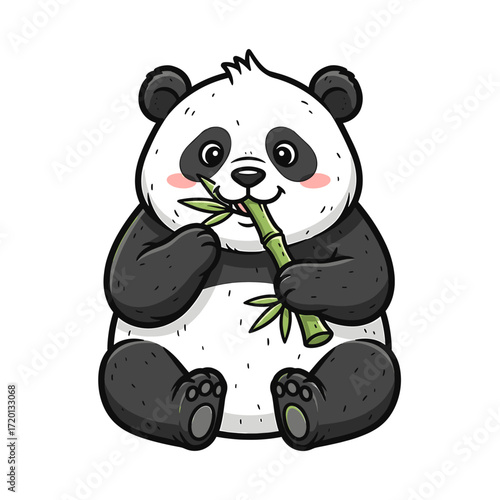 Adorable cartoon panda happily eating bamboo.