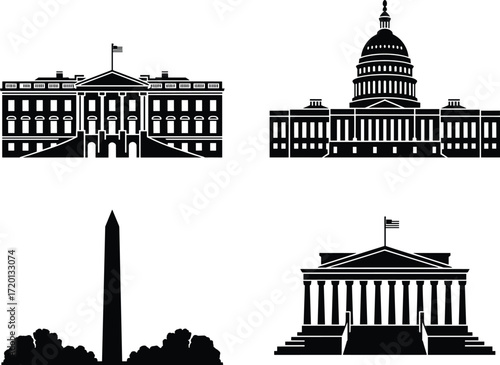 Silhouette of iconic Washington DC landmarks including White House, Capitol Building, Washington Monument, Lincoln Memorial, American flag, famous government buildings, USA history