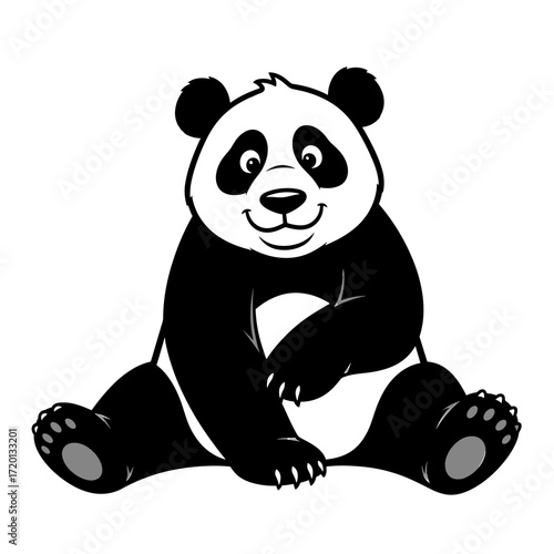 Smiling cartoon panda sitting, black and white illustration.