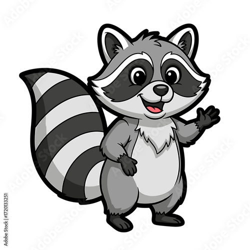 Cute cartoon raccoon character waving with a friendly smile, featuring its distinctive mask and striped tail, on a white background.