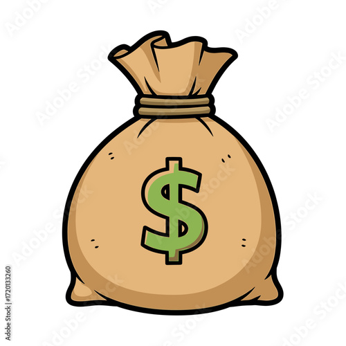 A cartoon illustration of a brown money bag with a green dollar sign, tied at the top, symbolizing wealth and finance.