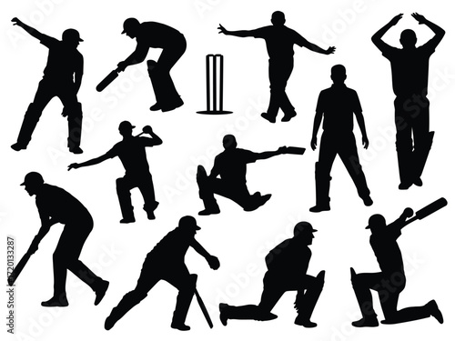 Collection of dynamic cricket player silhouettes in various action poses demonstrating batting bowling and fielding skills silhouette