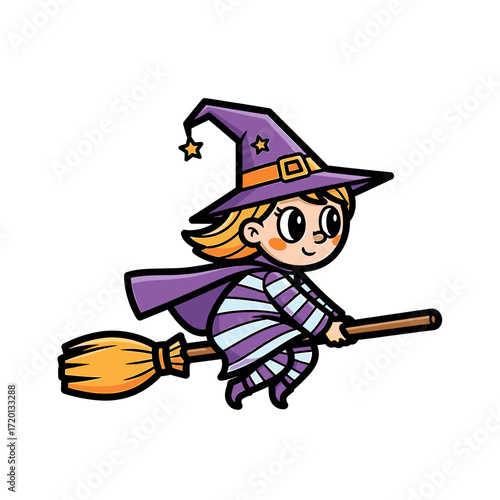 A cute cartoon of a little girl dressed as a witch with a purple hat and cape, flying on a broomstick.