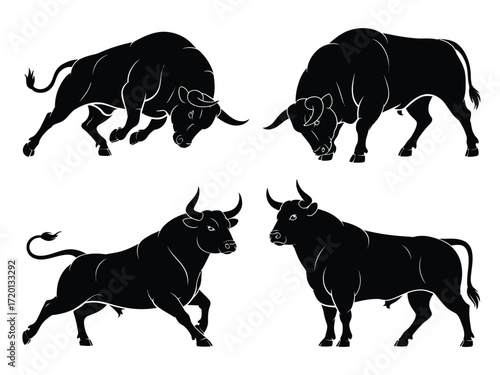 Four powerful black bull silhouettes displaying different poses and dynamic movements on a white background
