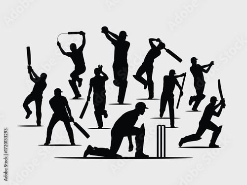 Dynamic collection of cricket player silhouettes in various action poses demonstrating the sport s excitement silhouette