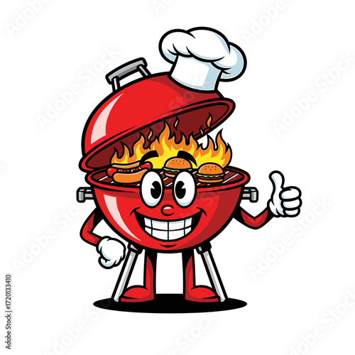 A cheerful cartoon red barbecue grill character wearing a chef's hat, grilling burgers with flames, and giving a thumbs up gesture.