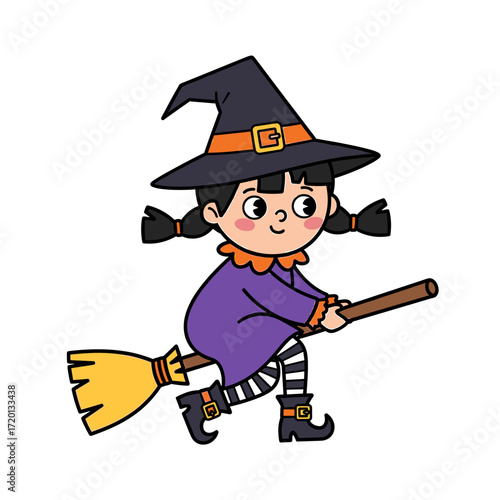 A cute cartoon girl in a witch costume with a pointy hat and pigtails, riding a broomstick for Halloween.