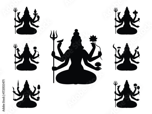 Collection of hindu goddess durga multi armed divine figure in meditation pose and holding sacred objects silhouette