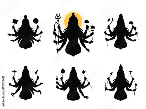 Collection of six divine multi armed goddess durga silhouettes holding various sacred symbols and weapons against a white background