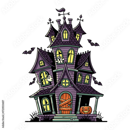 Cartoon illustration of a spooky haunted house with bats and a pumpkin.