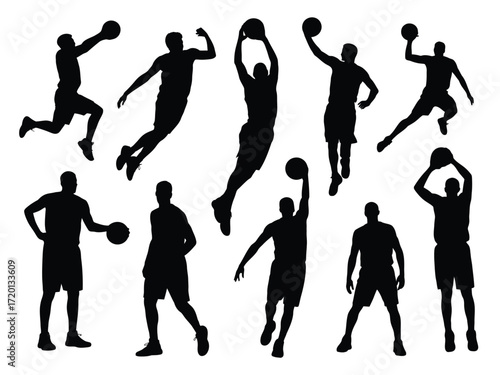 Dynamic collection of basketball player silhouettes in various action poses and movements on a white background silhouette