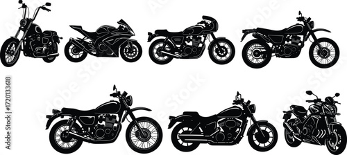 Motorcycle silhouette illustration set, black and white vector icons, cruiser, sportbike, dual-sport, classic scooter, transport design, vehicle collection