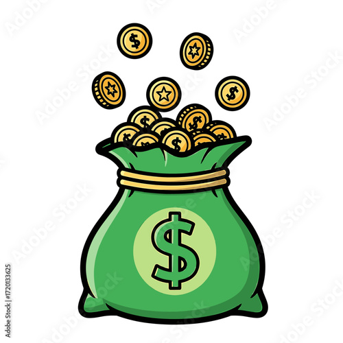 A vibrant cartoon illustration of a green money bag with a dollar sign, overflowing with shiny gold coins.