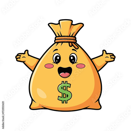 A cheerful cartoon money bag with a dollar sign on its front and its arms spread wide in a welcoming gesture.