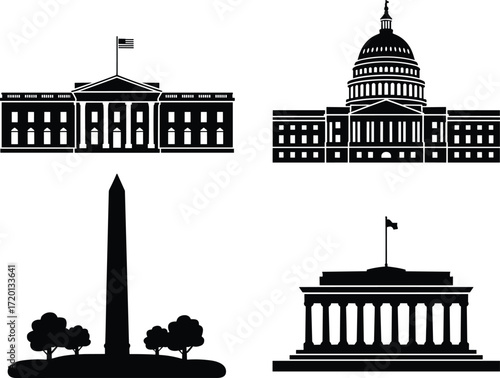 Silhouette collection of Washington DC landmarks including the White House, US Capitol, Washington Monument, and Lincoln Memorial for travel, patriotic, or educational use