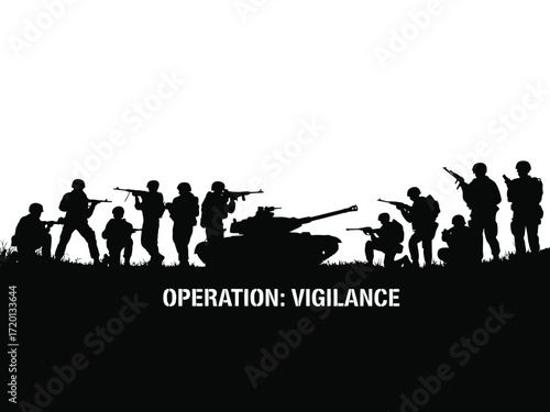 Military operation vigilance featuring a tank and soldiers in silhouette against a white background with grass detail silhouette