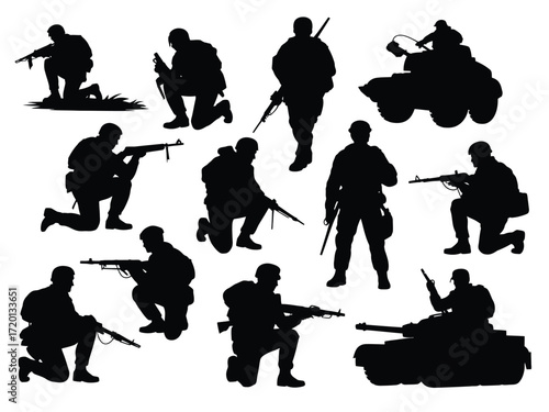 Collection of diverse military soldier silhouettes in various poses with weapons and vehicles on white background