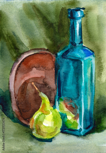 A vibrant, hand-drawn watercolor illustration depicting a home kitchen still life against a green background with a blue bottle, a green pear, and a wooden bowl and plate.