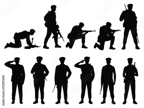 Collection of military personnel poses and saluting officers in a distinctive silhouette style