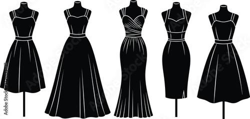 Fashion dress silhouettes on mannequins showcasing elegant evening gowns, cocktail dresses, and stylish outfits for women’s clothing design and apparel illustration