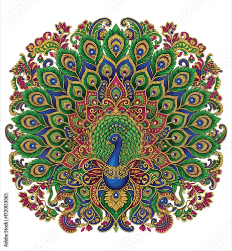 Ornamental Peacock Illustration With Floral Elements And Intricate Details On A White Background