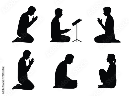 Collection of six diverse human figures in silhouette form engaged in prayer meditation and contemplation on a white background silhouette