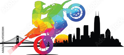Colorful polygon motorbike stunt rider performing wheelie jump against modern city skyline silhouette with bridge and sunset background illustration vector.