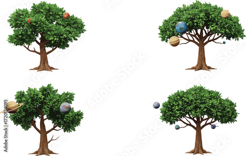 Creative vector illustration of green trees with solar system planets hanging on branches, nature and space concept for fantasy artwork design.
