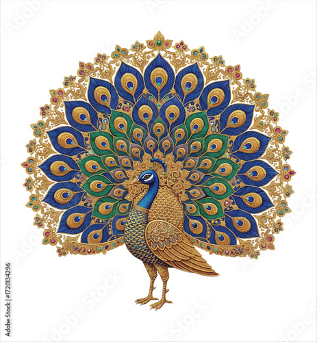 Ornate Peacock Illustration With Blue Green And Gold Plumage And Intricate Details