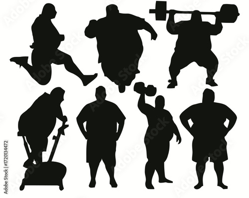 Diverse collection of overweight individuals engaged in various fitness activities captured in a striking black silhouette style