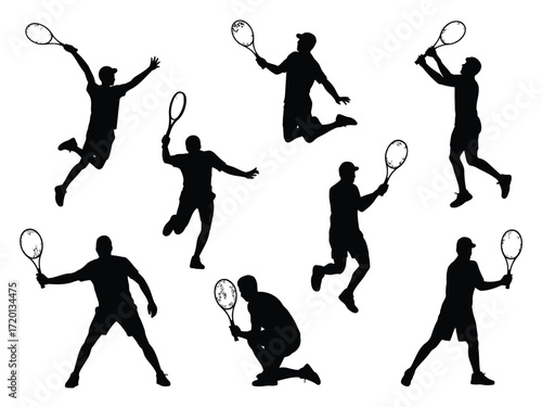 Dynamic collection of tennis player silhouettes capturing various action poses and movements on a white background