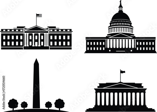 Silhouette icons of Washington DC landmarks, including the White House, US Capitol, Lincoln Memorial, and Washington Monument, perfect for patriotic, educational, or travel designs