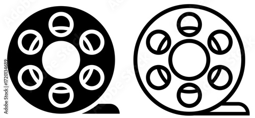 "Vector illustration of a film reel icon in black and white. Simple design representing cinema, video, film production, and entertainment."
