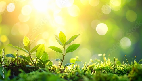 Wallpaper Mural Young green plants bask in warm sunlight, surrounded by soft focus natural greenery and bokeh Torontodigital.ca