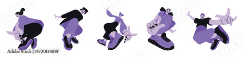 Set of active moving people. Happy person jumping up, excited emotion, energy. Energetic character movement. Dynamic movement for dance, triumph, victory. Flat vector illustration isolated on white