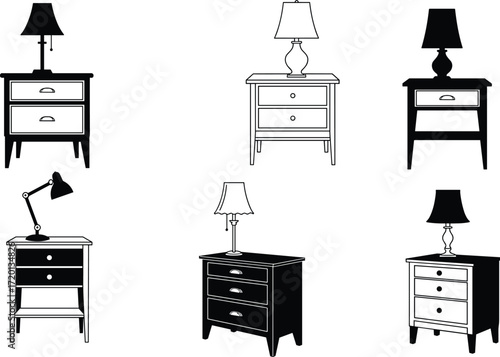 Silhouette and outline illustration of bedside tables with lamps, nightstand furniture collection, black and white vector design for interior decor