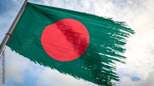 The national flag of bangladesh waving in the wind against a cloudy sky, symbolizing patriotism and national pride
